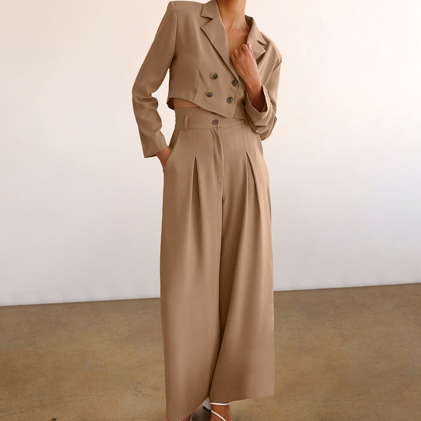 New Fall Fashion Khaki Suit Collar Temperament Short Top High Waist Pant Suit