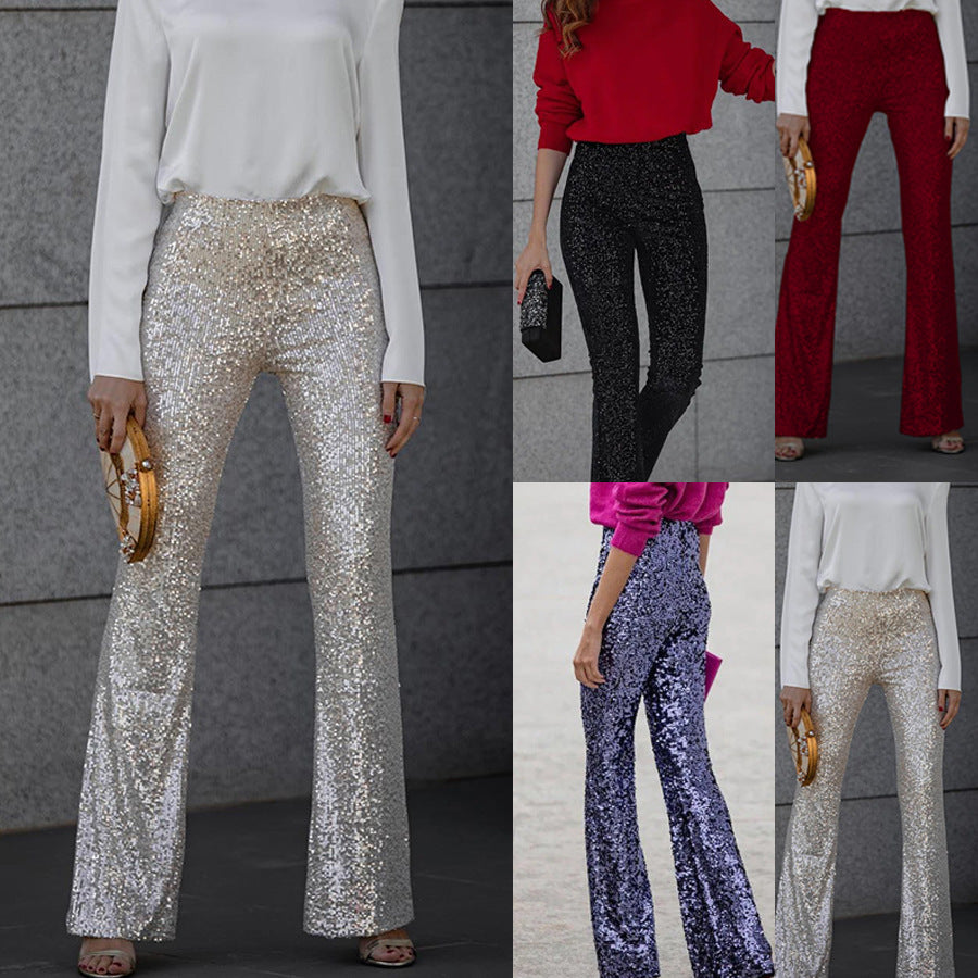 New Party Sequin Elasticated Waist Slim-Fit Stretchy Flare Ing Stylish Multicolor Pants