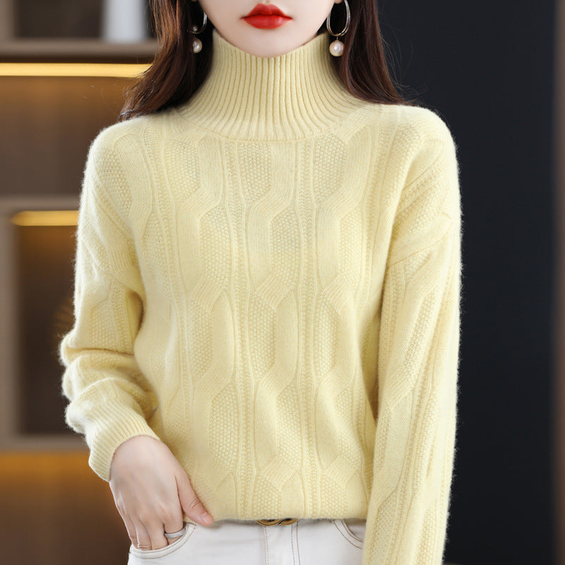 Autumn/Winter New 100 Woolen Sweater Women's Turtleneck 7 Needle-Hemp Jacquard Woolen Base Loose All-Match Sweater Top