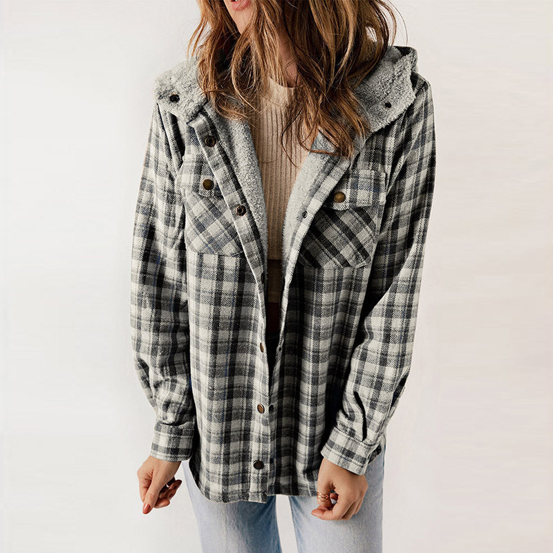 Winter New Casual Plaid Hooded Coat Woman Thick Plus Fleece Warm Jacket Woman