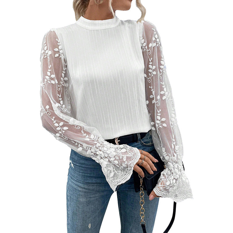 Spring New Solid Color Chiffon Shirt Woman Thin Sweet Wind Lace Ruffled Sleeve Blouse Woman