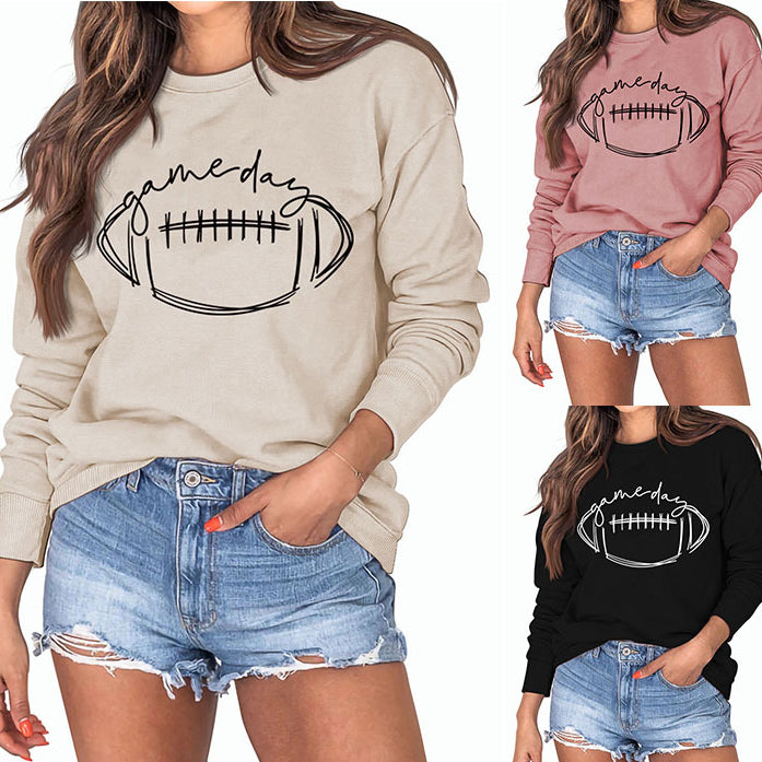 Game Day Rugby Letter-Printed Crew-Neck Fashion Long-Sleeved Hoodie With Base