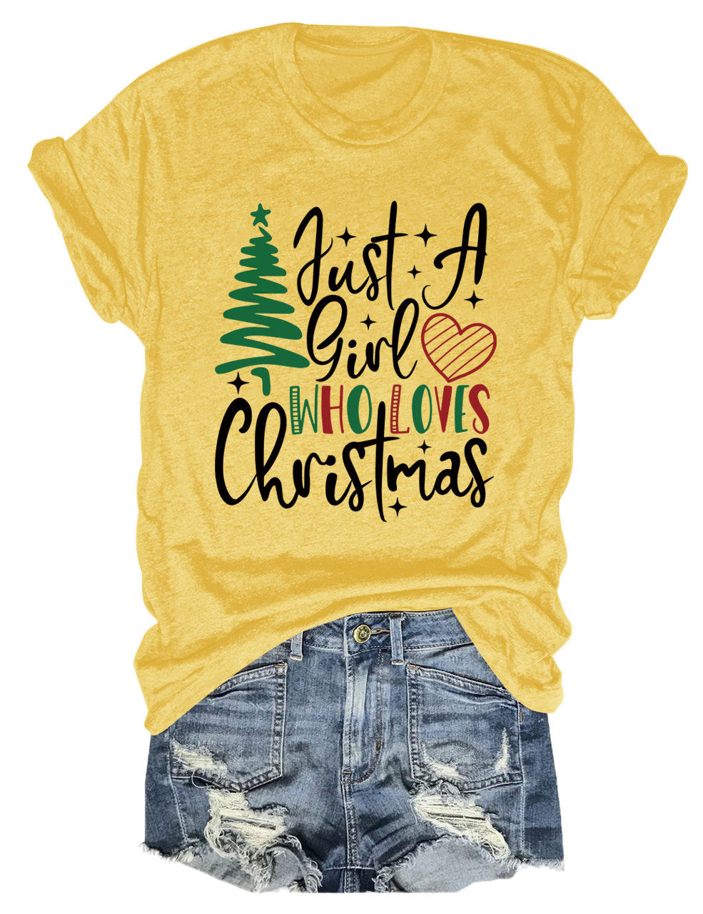 New Just A Girl Fun Christmas Tree Print Round Neck Short Sleeve Female Spot