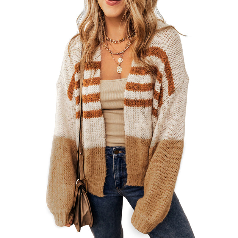 Winter New Striped Color Cardigan Sweater Women Casual Lazy Wind Down Shoulder Knit Cardigan Woman