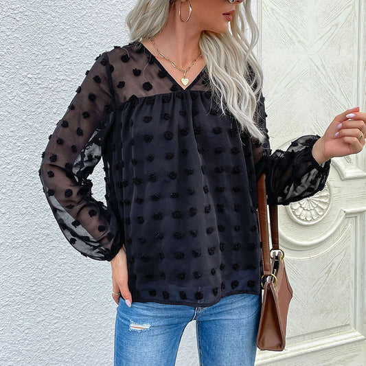 Long Sleeve V-Neck Black Chiffon Shirt Hairball Jacquard Jumper New