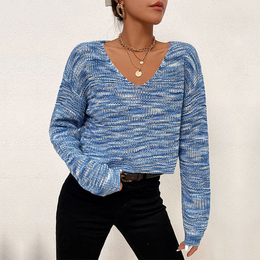 New Autumn And Winter Fashion Women's Short Blue Long Sleeve V-Neck Sweater