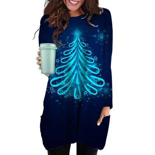 Women's Loose Round Neck 3D Christmas Elements Printed Long T-Shirt A Hair Casual Hoodie