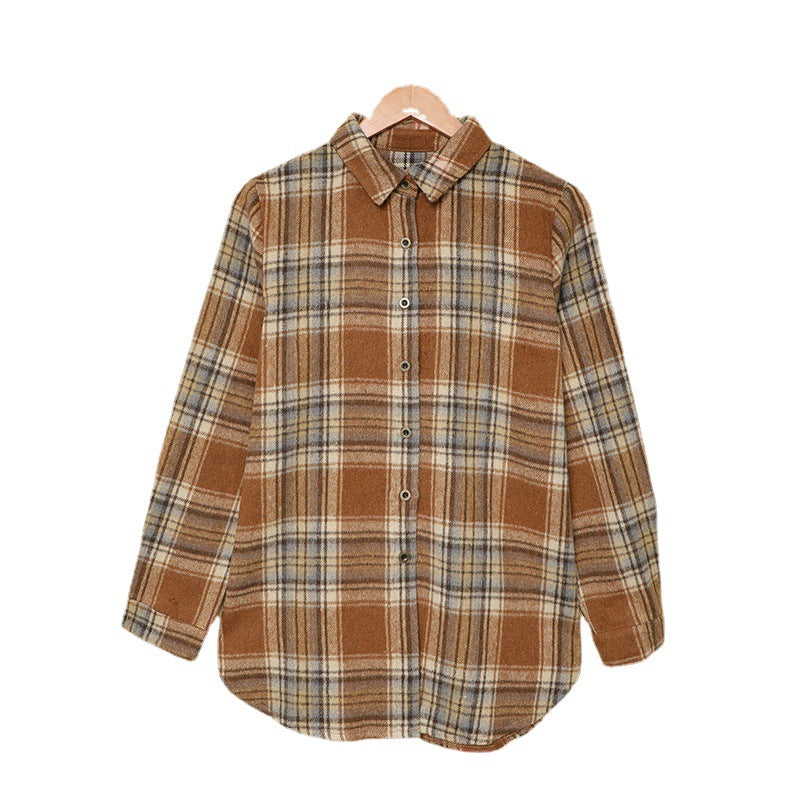 Autumn Mid-Length Plaid Shirt Women's Year Lapel Loose Long-Sleeved Top