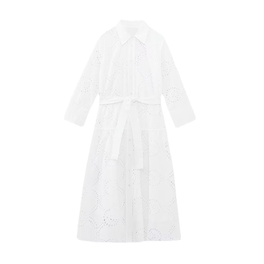 Wind Summer Women's New White Long-Sleeved Embroidered Midi Dress