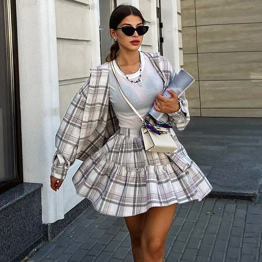 Checkered Lapel Waist Waist Long Sleeve High Waist Skirt Suit New Autumn Fashion Two-Piece Women