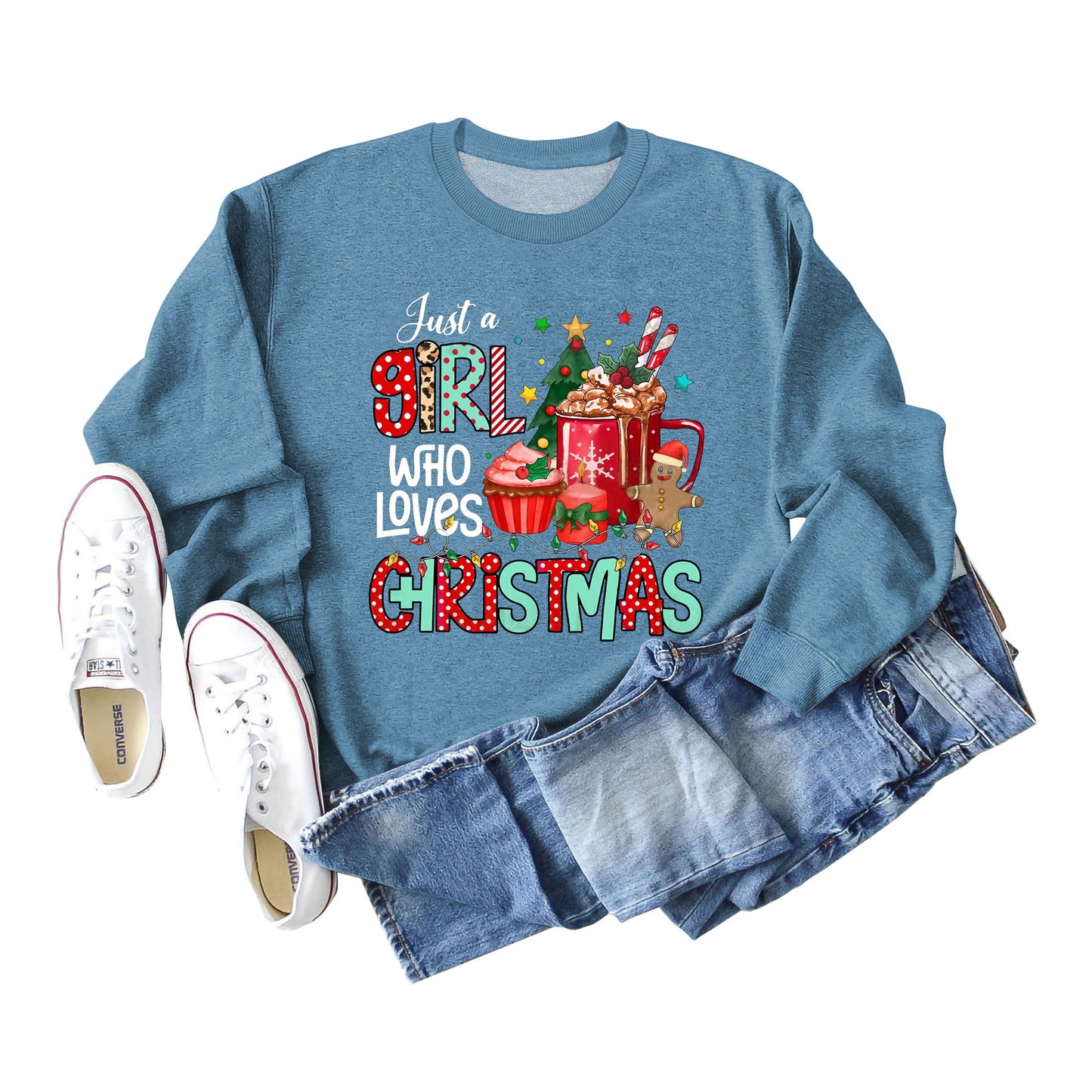 Just A Girl Who Letters Christmas Bottom Crewneck Long-Sleeved Hoodie