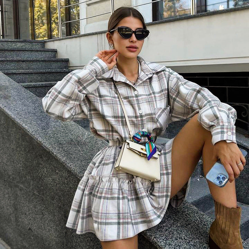 Checkered Lapel Waist Waist Long Sleeve High Waist Skirt Suit New Autumn Fashion Two-Piece Women