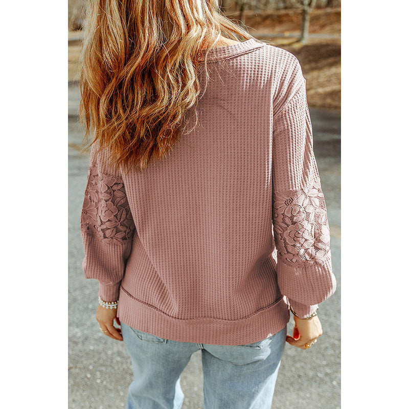 Casual Knitwear Women Fall New Lace Spell Waffle Long Sleeve Top Women