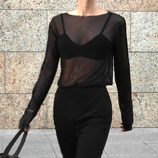 Spring Sexy Temperament Sense Knitted Mesh See-Through Crewneck Length T-Shirt Loose Fashion High Street Top