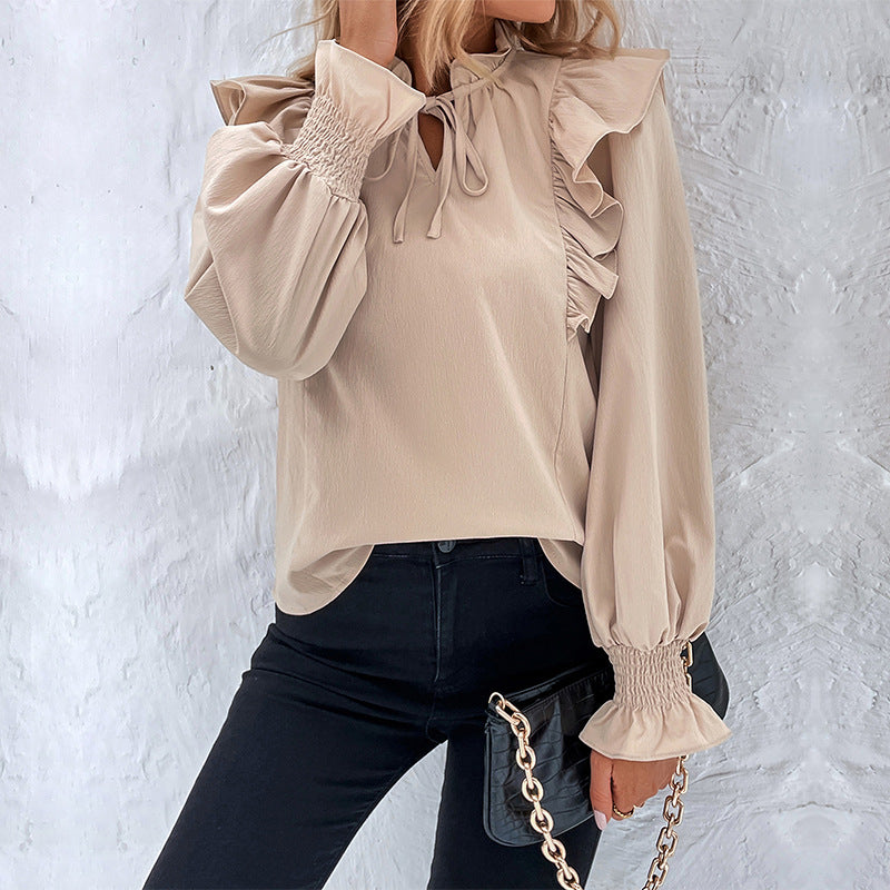 Women's New Spring New Ruffled Long Sleeve Solid Color Shirt Woman