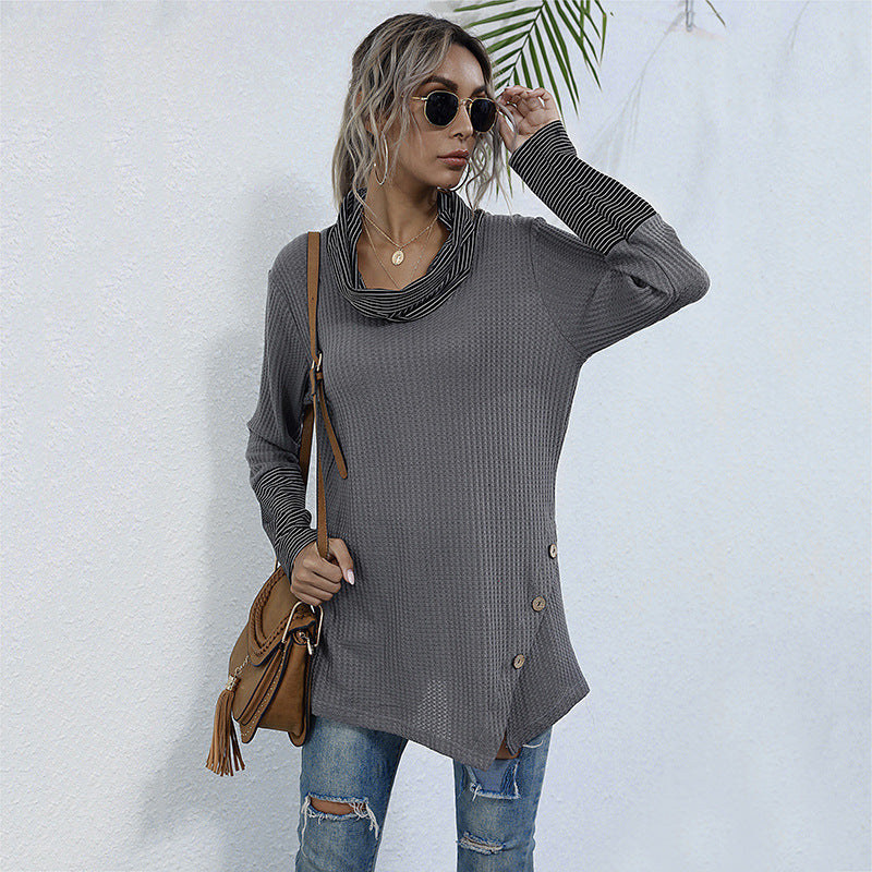 Women's Autumn Loose Pile Collar Shirt Long Sleeve Splicing Knitwear