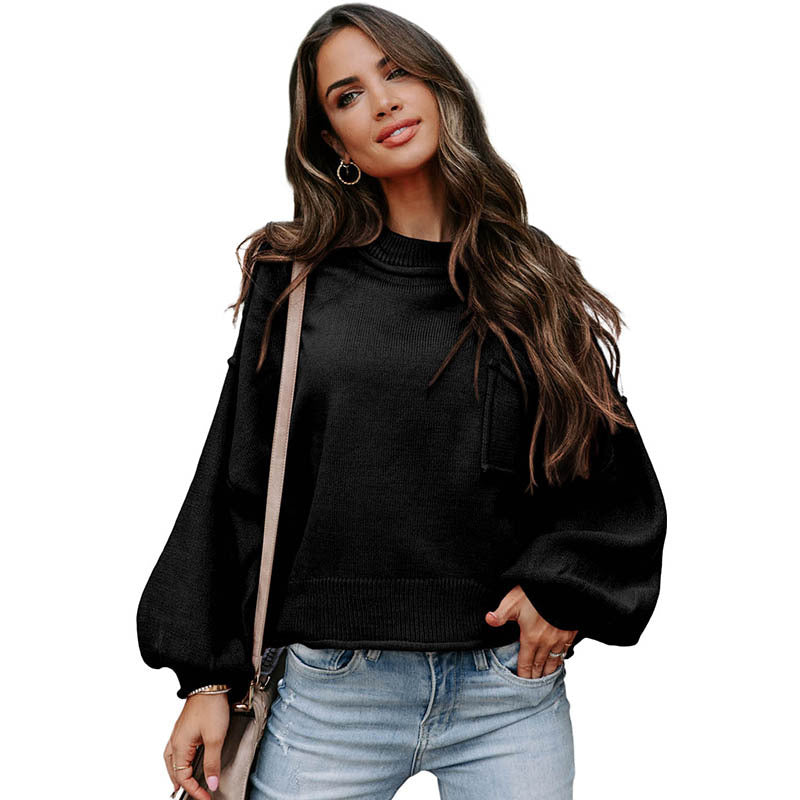 Autumn New Solid Color Furred Edge Pocket Long Sleeve Top Women Casual Style Pullover Sweater Woman