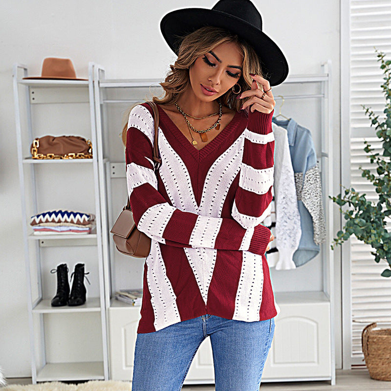 Casual V-Neck Loose Sweater Woman Autumn And Winter New Fashion Striped Color Pullover Sweater Woman