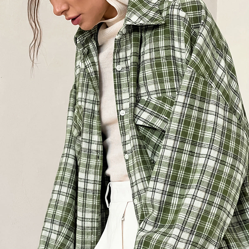 Green Plaid Terylene Cotton Lapel Retro Casual Loose Shirt New Autumn Fashion Cardigan