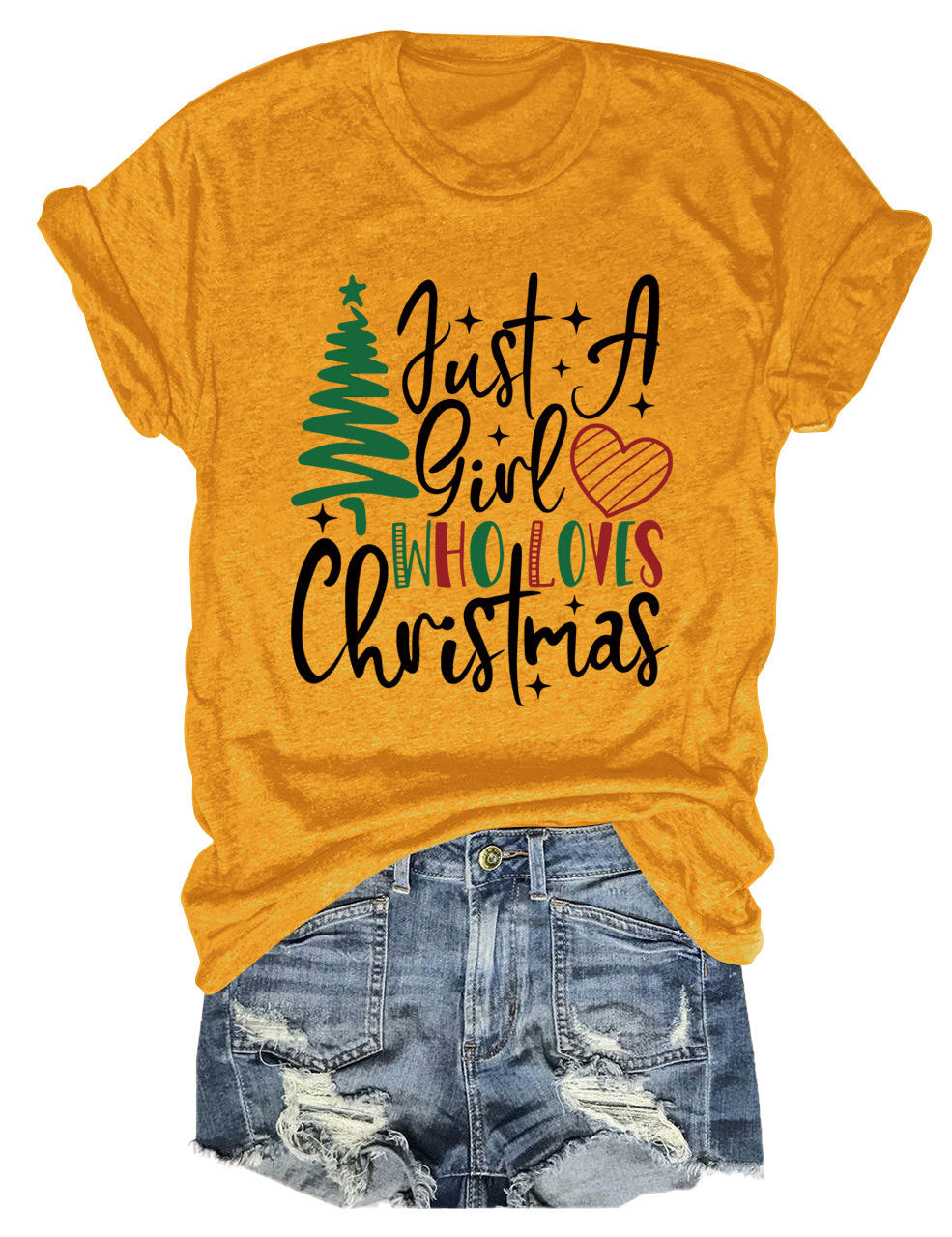 New Just A Girl Fun Christmas Tree Print Round Neck Short Sleeve Female Spot