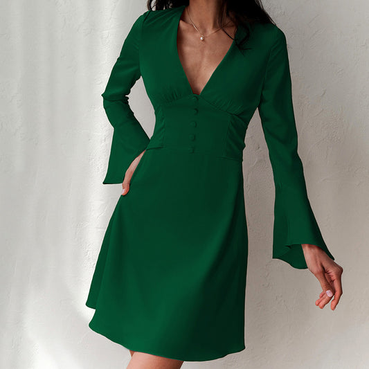 Temperament Imitation Acetate Tint V-Neck Flared Sleeve Dress Spring New Fashion Woman