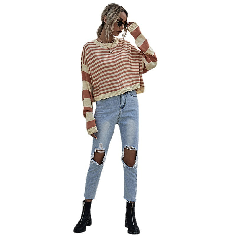 Women's Striped Round Neck Loose Knit Short Sweater Female Match