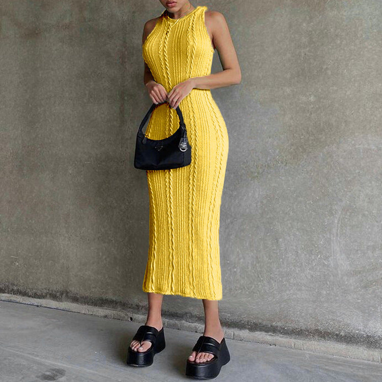 Style Bag Hip High Waist Slim Solid Color Plus Size One-Step Skirt Knitted Sleeveless Pullover Round Neck Dress