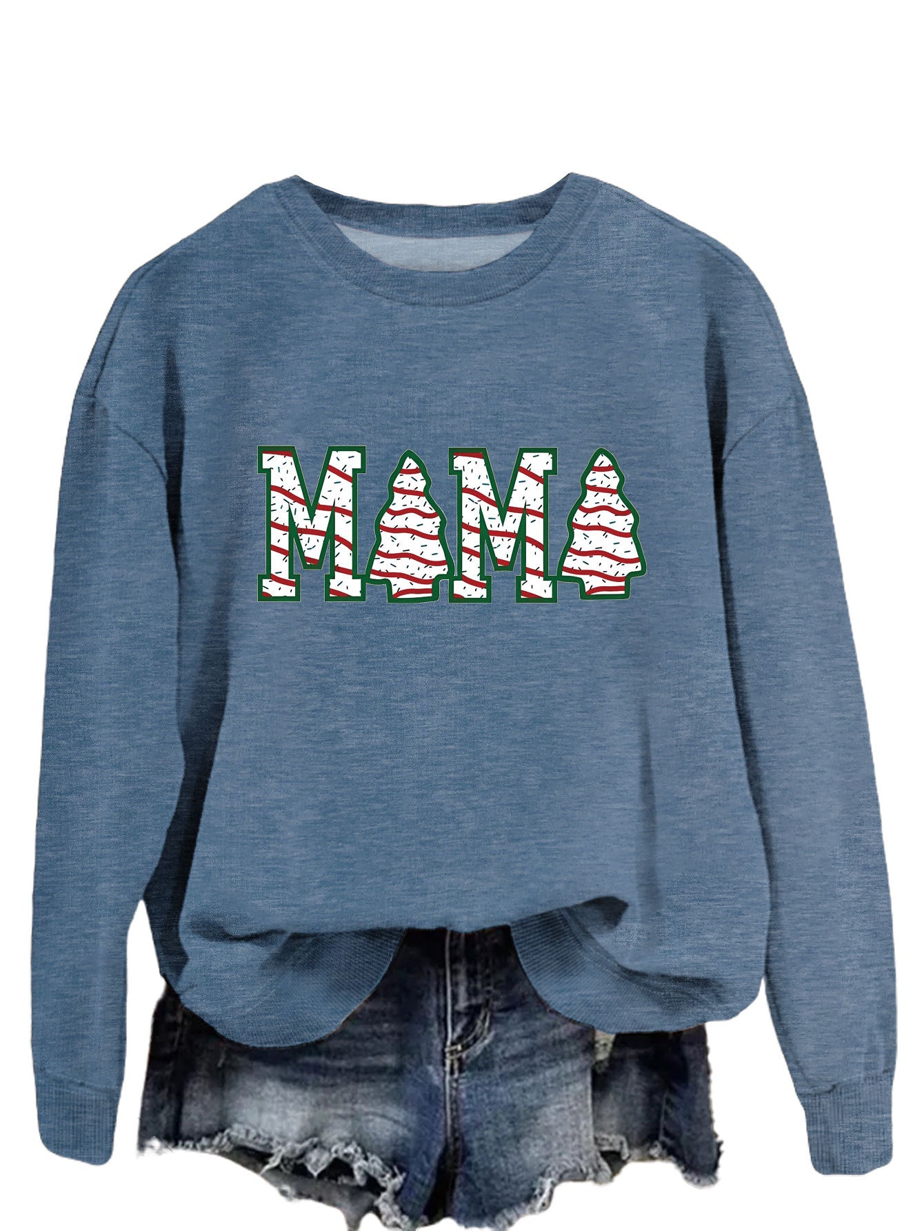 Fashion Crew-Neck Hoodie Mama Letter Christmas Tree Long Sleeve Blouse