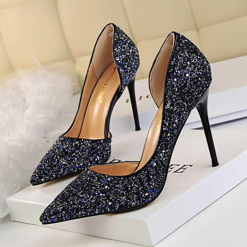 Sexy Nightclub Slim Women's Shoes With Slim Heels, High Heels, Shallow Mouth, Pointed Side Hollowed Sequins