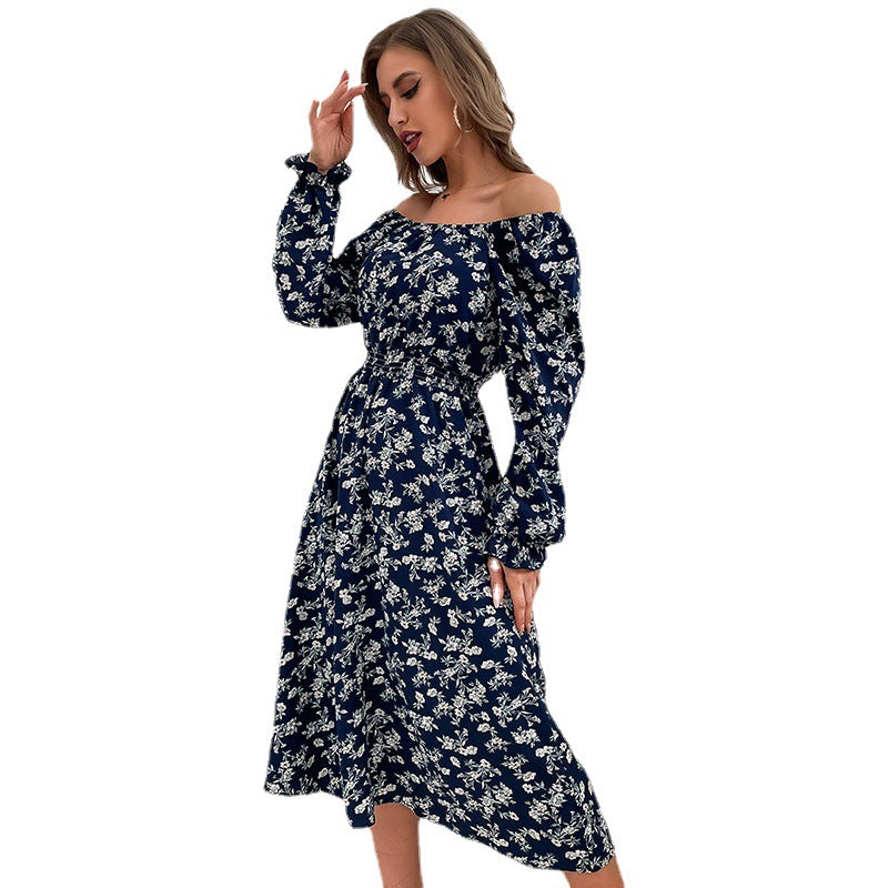 Fashion Women's Blue Long-Sleeved One-Shoulder Floral Dress Autumn