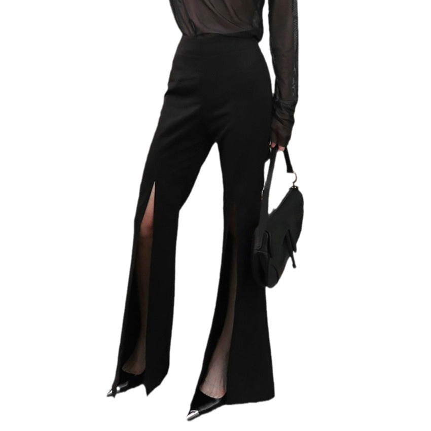 Spring Sexy Temperament Sense Black Commuter High-Waisted Flared Pants Simple Slit Casual Pants Women