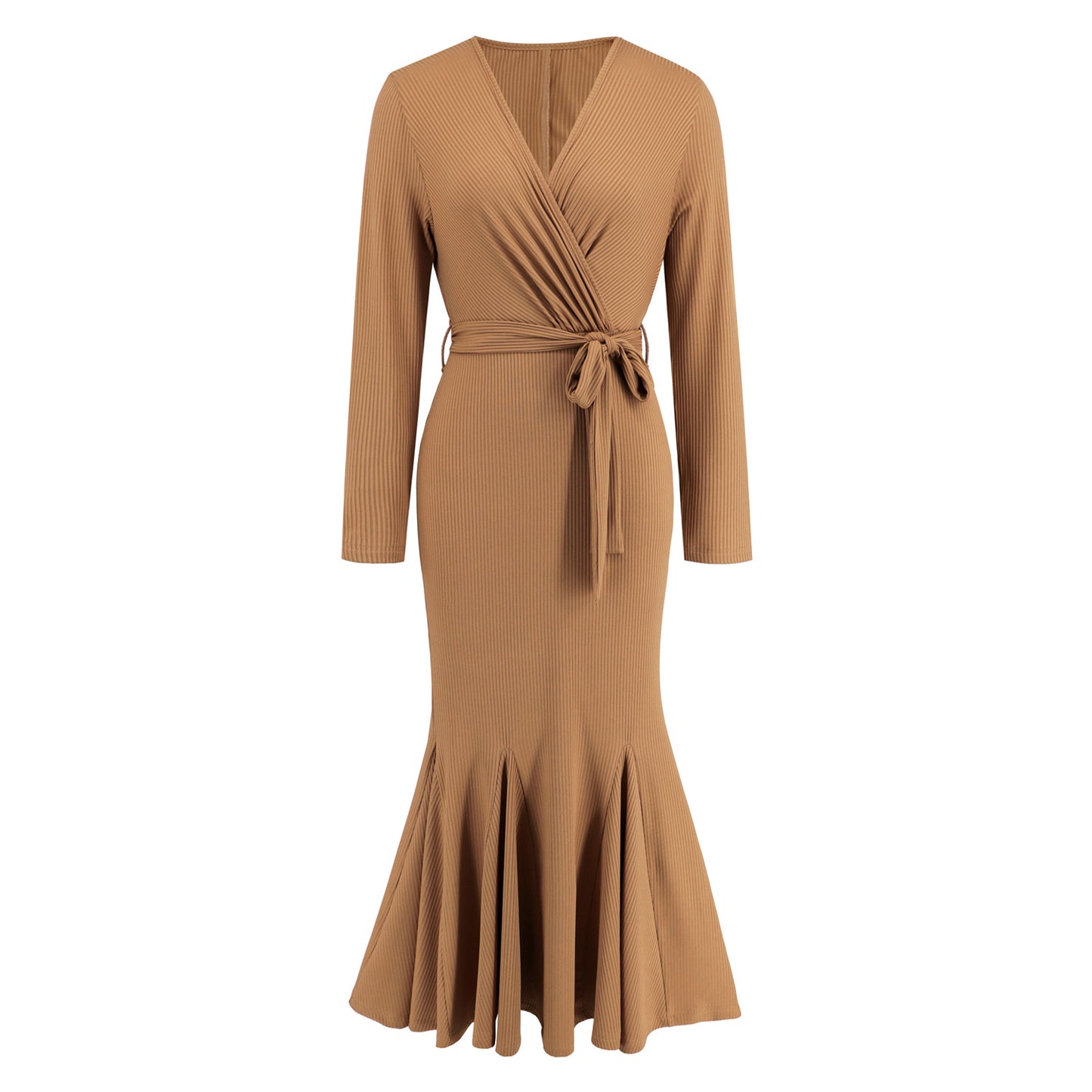 Women's V-Neck Long Sleeve Slim-Fit Temperament Fishtail Skirt Knitted Long Dress Dress Big Size