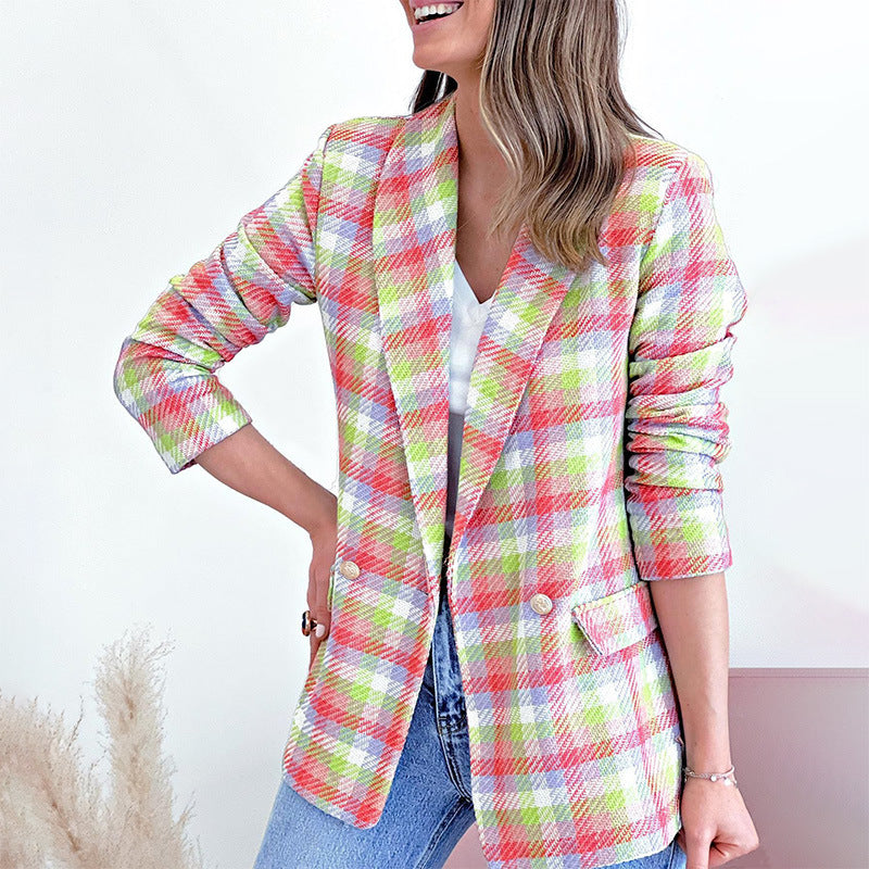 Autumn And Winter New Long-Sleeve Pocket Print Plaid Slim Coat Woman