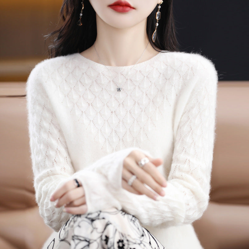 Early Spring New 100 Woolen Sweater Women's Round Neck Sweater Hollowed Out All-Over Cashmere Sweater Base