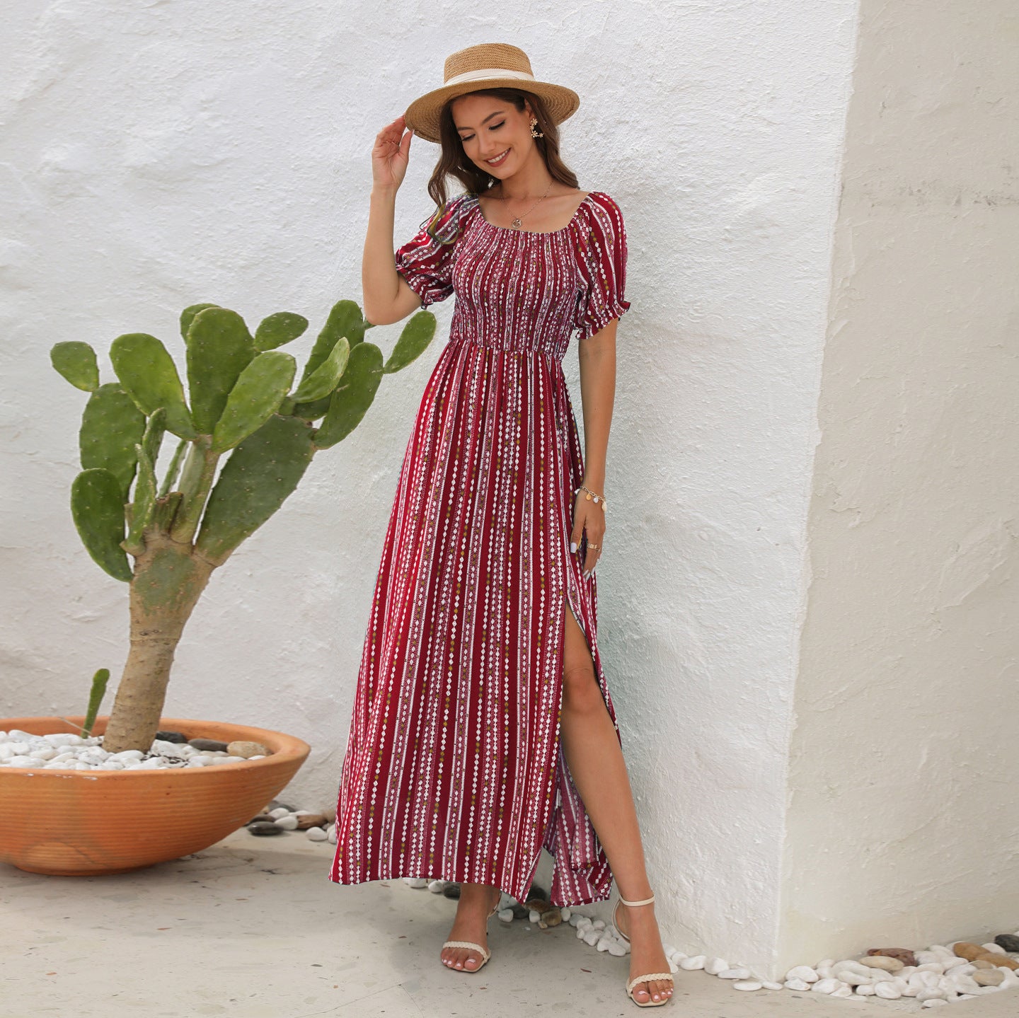 Spring/Summer Vertical Stripe Printed Slit Waist One-Line Shoulder Short-Sleeved Holiday Casual Dress