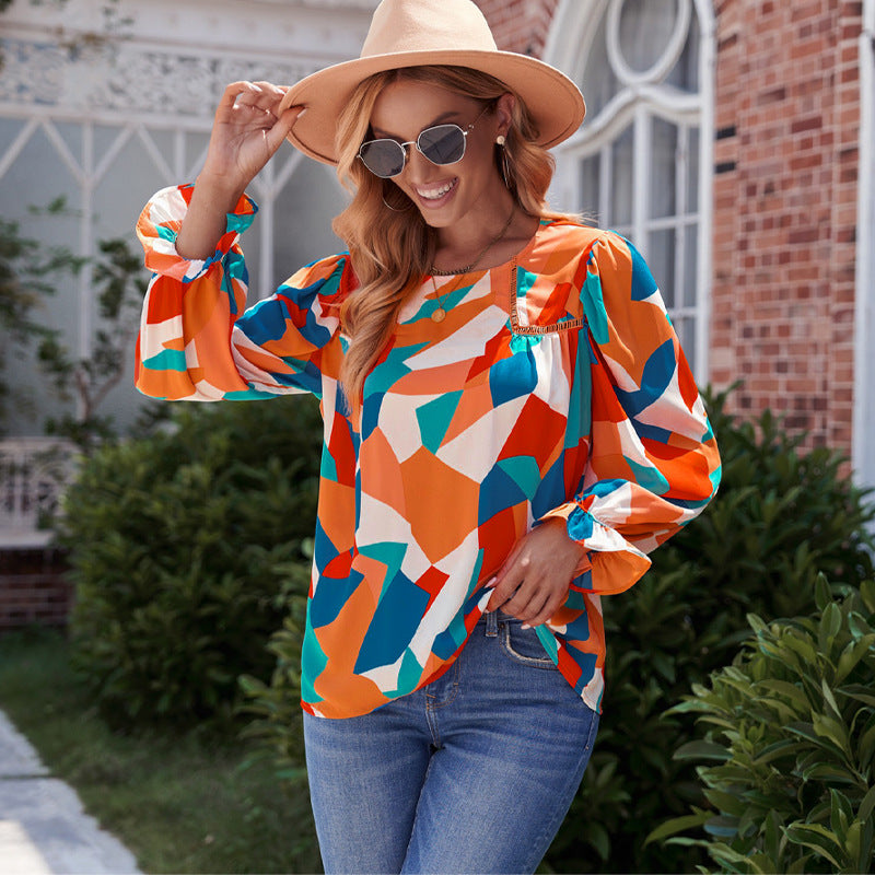 Block Printed Chiffon Shirt Women's Autumn Loose Play Puffy Sleeve Top