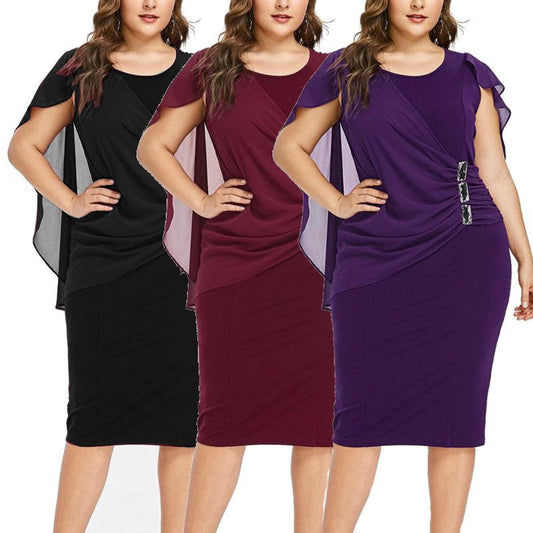 New Round Neck Short Sleeve Chiffon Shawl Tight Skirt Asymmetrical Over The Knee Large Size Dress Women