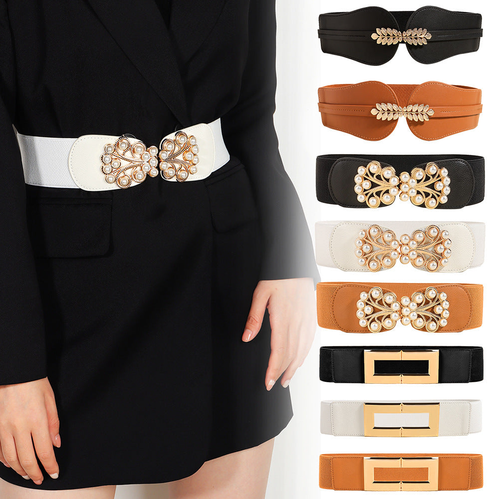 Ladies Elastic Wide Belt Pearl Leaf Metal Buckle Elastic Belt Suit Jacket Waist Hipster Belt