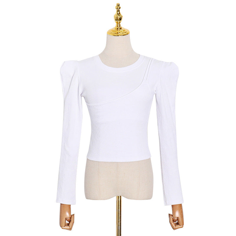 Shoulder Pad Base Shirt Spring New Fashion Round Neck Flying Sleeve Elastic Slim Short T-Shirt Woman