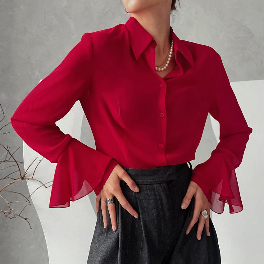 Red Chiffon Temperament Flared Sleeve Lapel Women's Shirt New Spring Fashion Woman