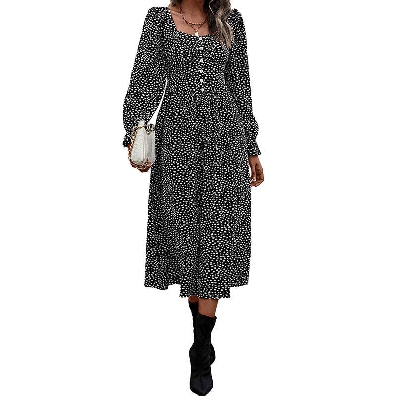 New Autumn New Fashion Women's Square Collar Printed Dress