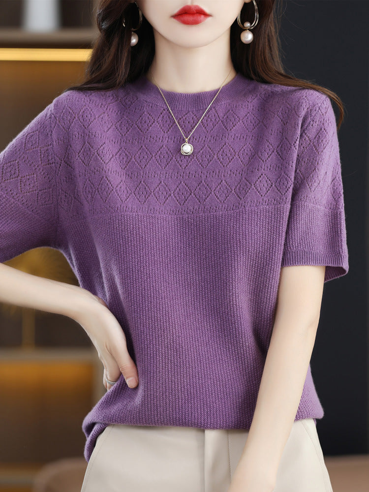 Summer New 100 Knitwear Short Sleeve T-Shirt Women's Round Neck Half Sleeve Thin Hollow Short Top Knitwear