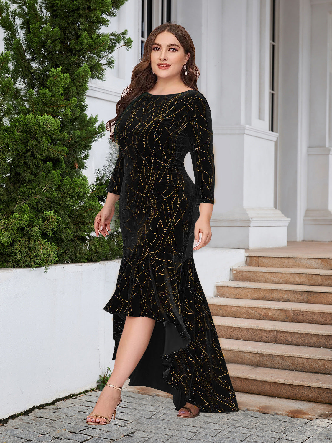 Women's Plus Size Seven Quarter Sleeve Mermaid High And Low Hem Ultra Long Velvet Formal Jumpsuit