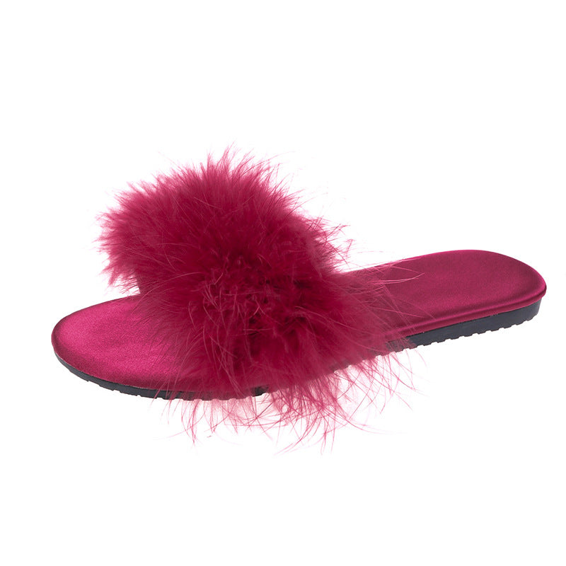 Indoor Home Breathable Slippers For Women Fluffy Red Wedding Shoes Round Head Flat Non-Slip Sandals Women Feel Flip-Flops