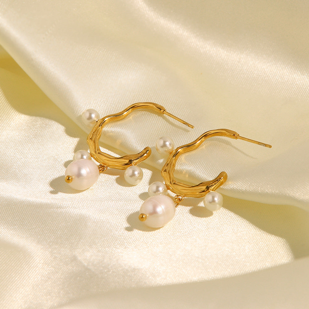 5pcs Vintage Natural Light Pearl Pendant Earrings Niche Design Studs Personality Twist C-Shaped Pearl Earrings