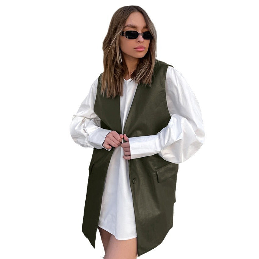 Green Velvet Faux Leather Sleeveless V-Neck Leather Jacket New Fall Fashion Women