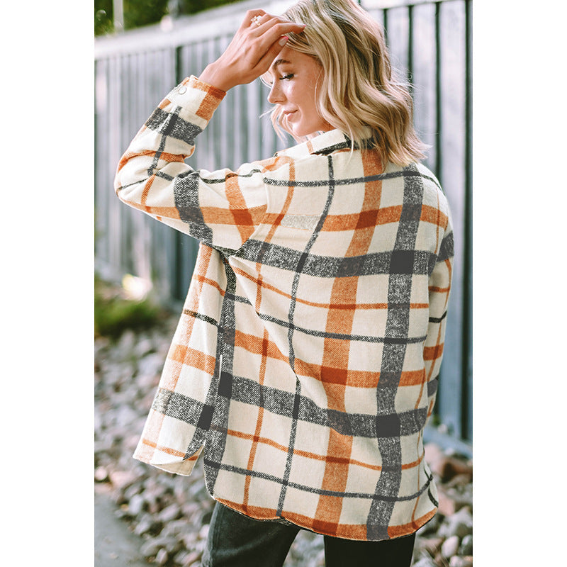 Winter New Plaid Print Long-Sleeved Coat Women Fashion Color Contrast Warm Coat Women