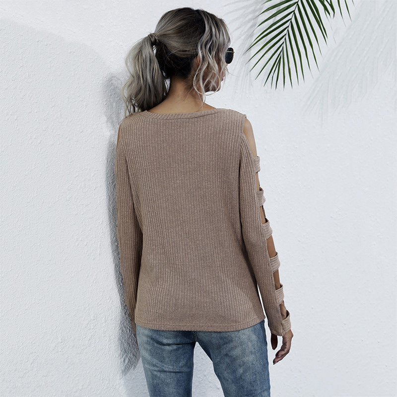 Autumn Off-Shoulder Slim-Fit Sweater Women Hollow Long-Sleeved Bottom Knit