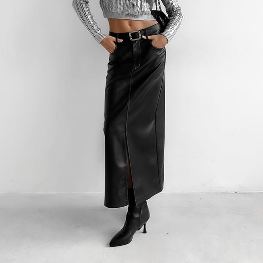 Vintage Fleece Leather Skirt Skirt Fashion Black High Waist Split Straight Leather Skirt Package Hip Skirt Women's Dress