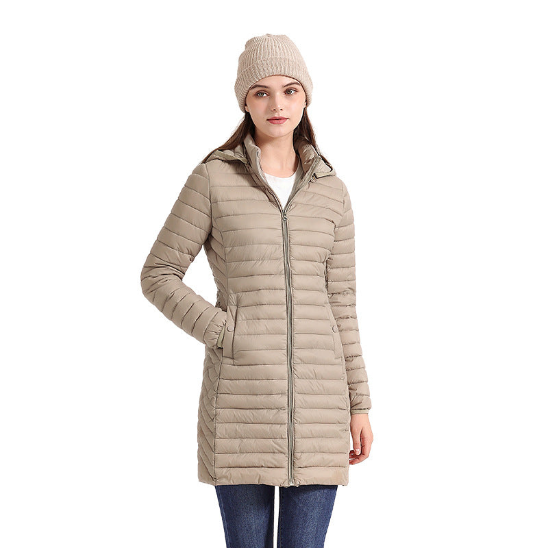 Women's Fall/Winter Lightweight Mid-Length Slim-Fit Cotton-Padded Jacket Removable Hooded Casual Commuter Coat